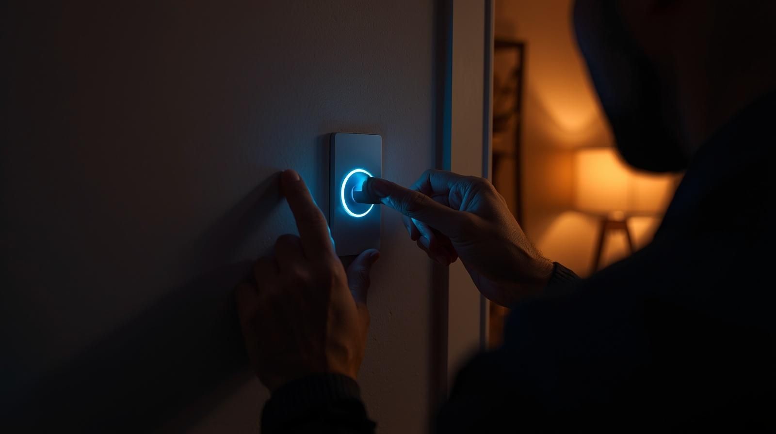 Person pressing a doorbell with a glowing blue ring in a dimly lit setting.