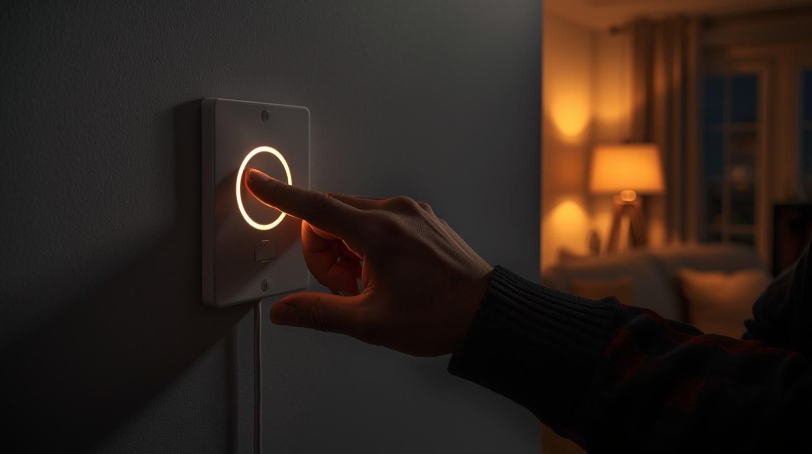 Hand pressing a glowing, circular button on a white wall-mounted control panel in a dimly lit room.