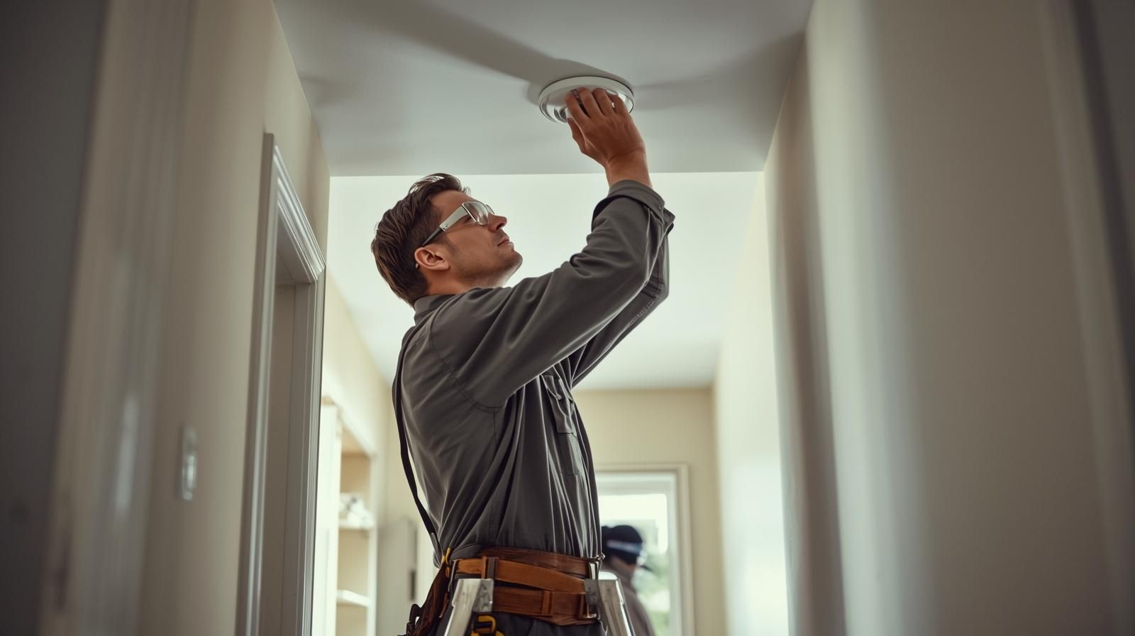 Man installing a smoke detector in a hallway, wearing safety glasses and tool belt.