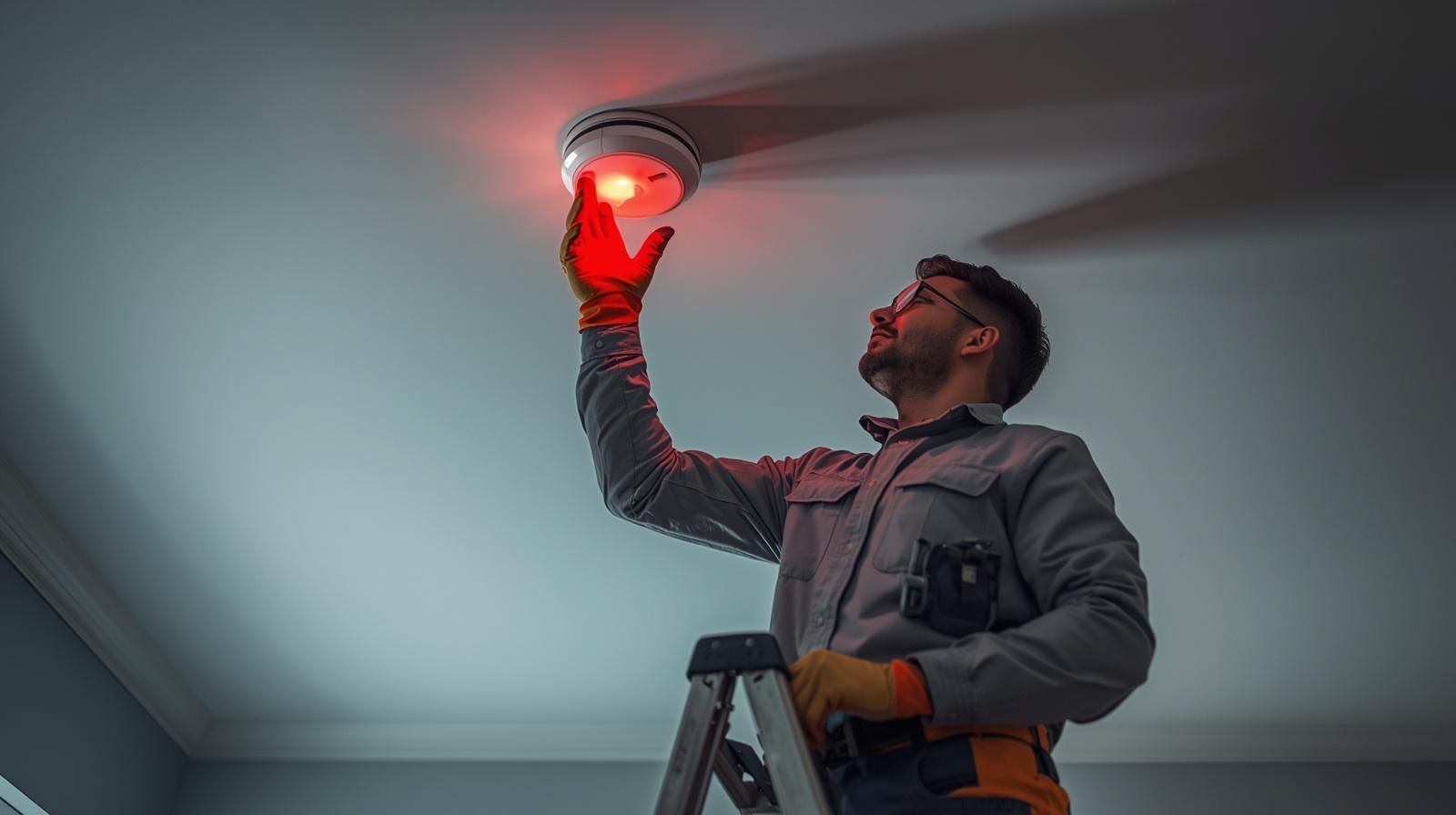 Man on a ladder checking a smoke detector on a ceiling, red light illuminated, wearing work gloves.