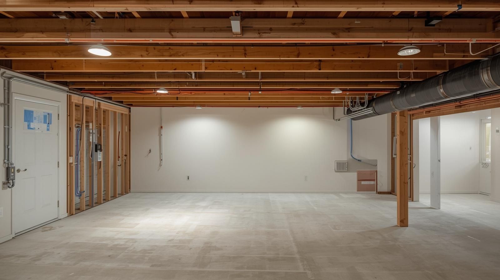 Unfinished basement interior with exposed beams, drywall, and concrete floor.
