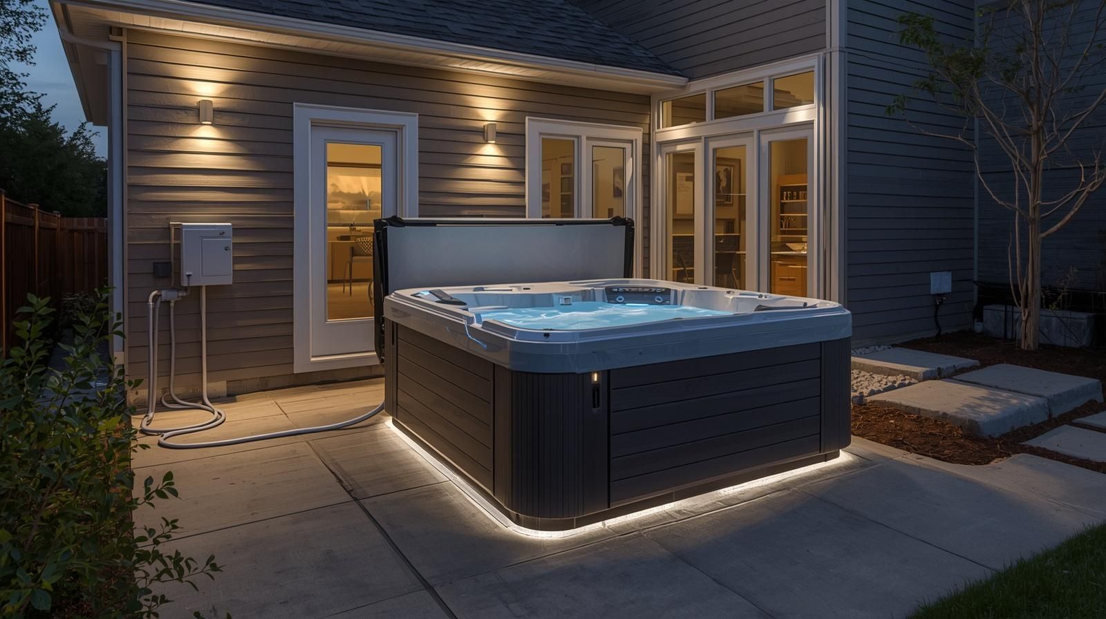 Hot tub at night, surrounded by glowing lights, on a patio next to a house.