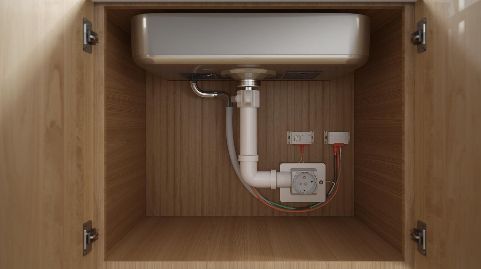 Inside a wooden cabinet under a sink: metal sink, plumbing, electrical outlets.