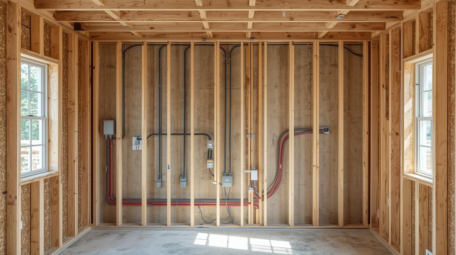 Interior view of a room under construction; wood framing with electrical wiring, windows, and concrete floor.