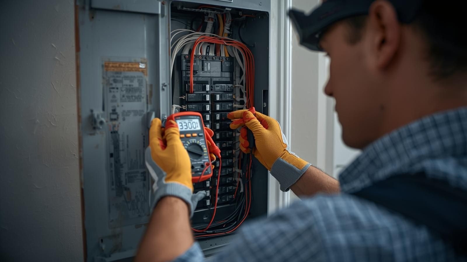 Electrician using a multimeter on a circuit breaker panel.