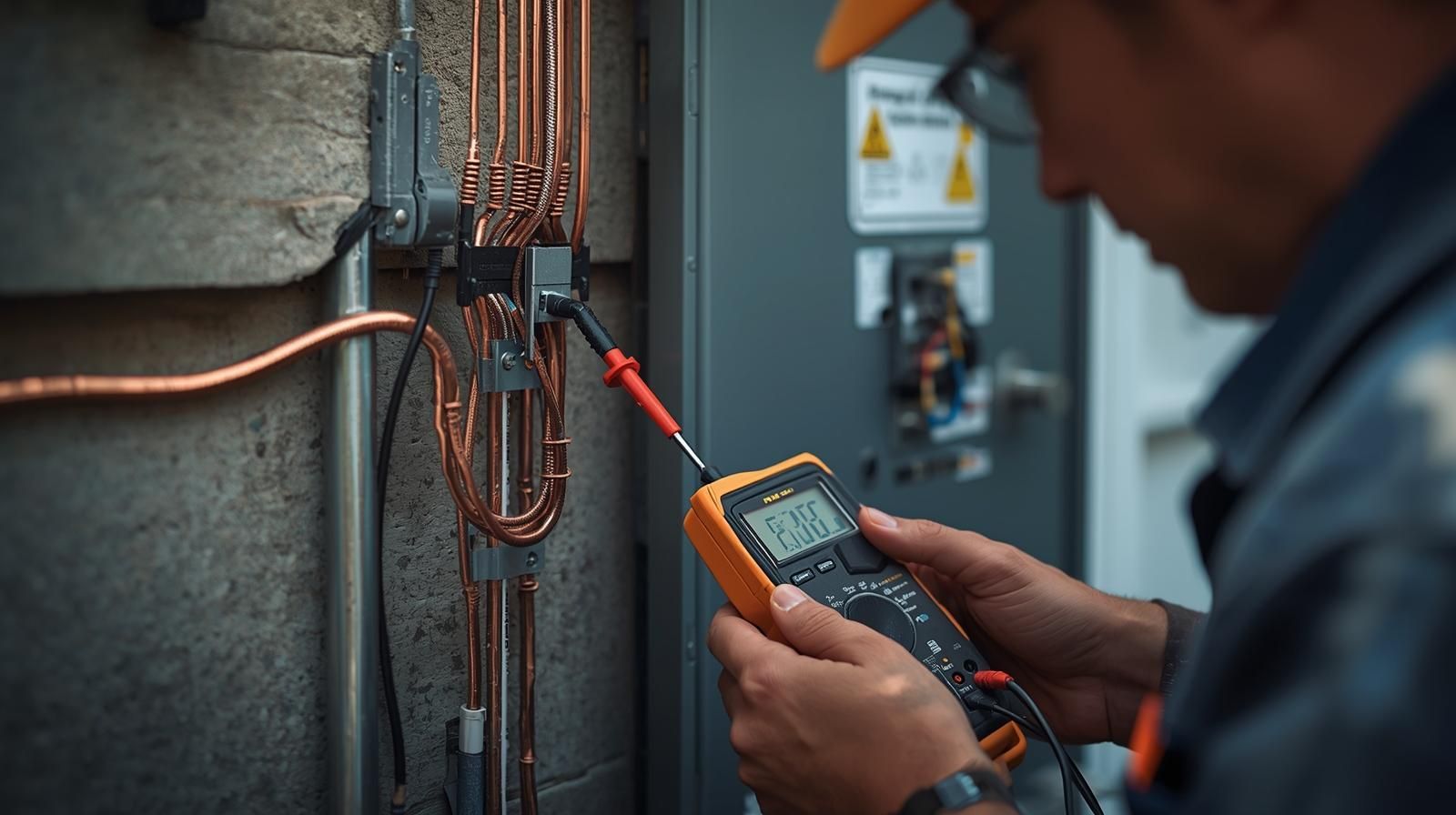 Electrician using a multimeter on copper wires in an industrial setting.