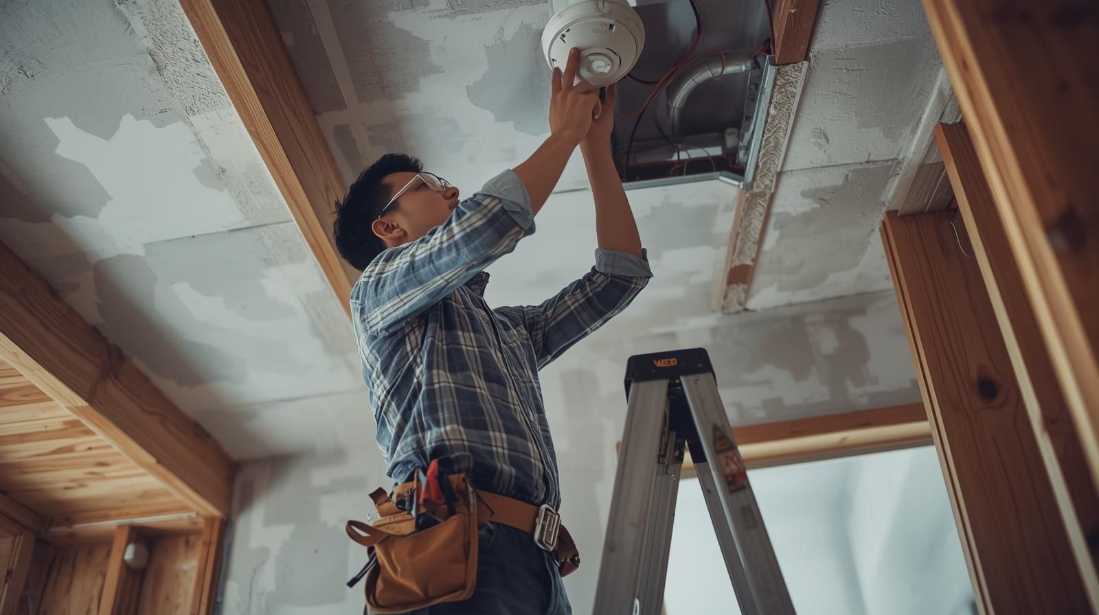 Man on ladder installing a smoke detector in a ceiling with exposed beams.