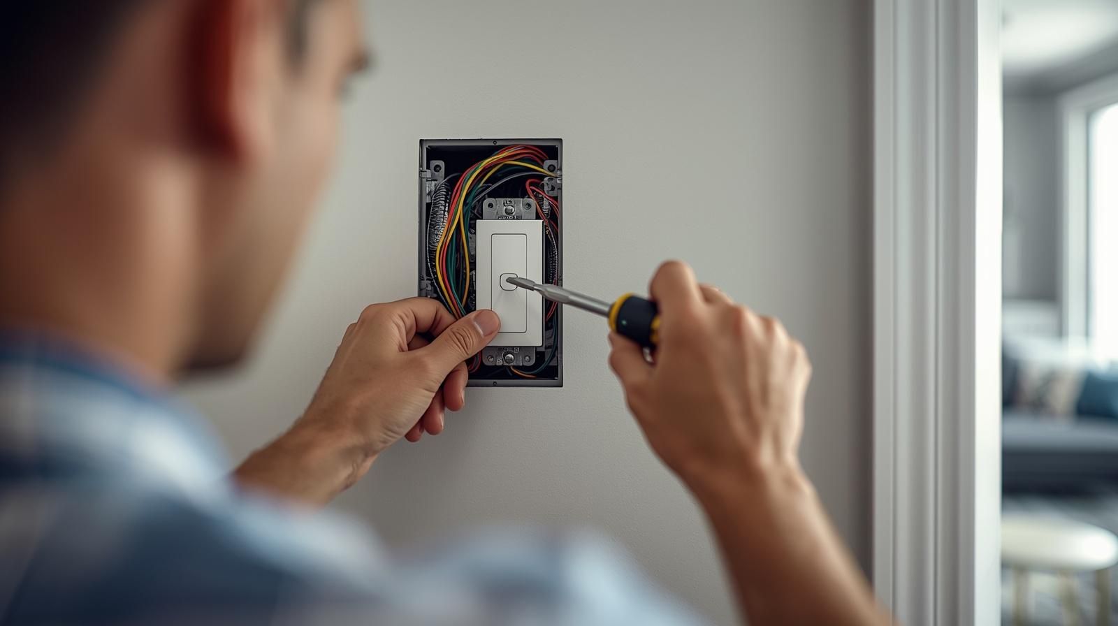 Person installing light switch on a wall, using a screwdriver.