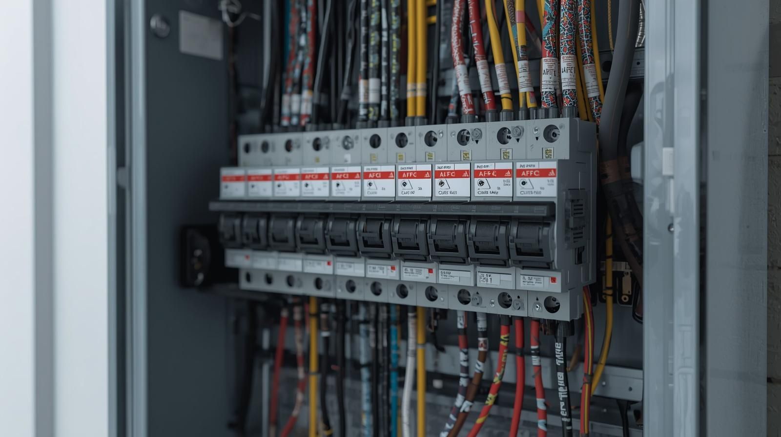 Electrical panel with circuit breakers and colored wires.