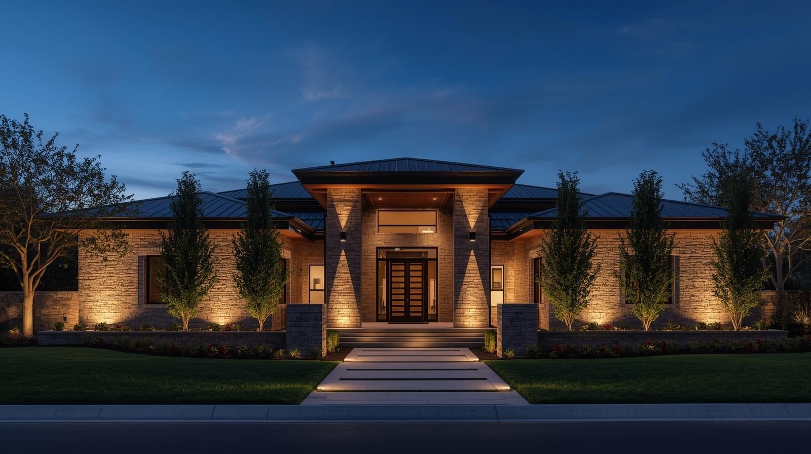 Night view of a modern house with warm lighting illuminating stone walls, front entrance, and landscaping.