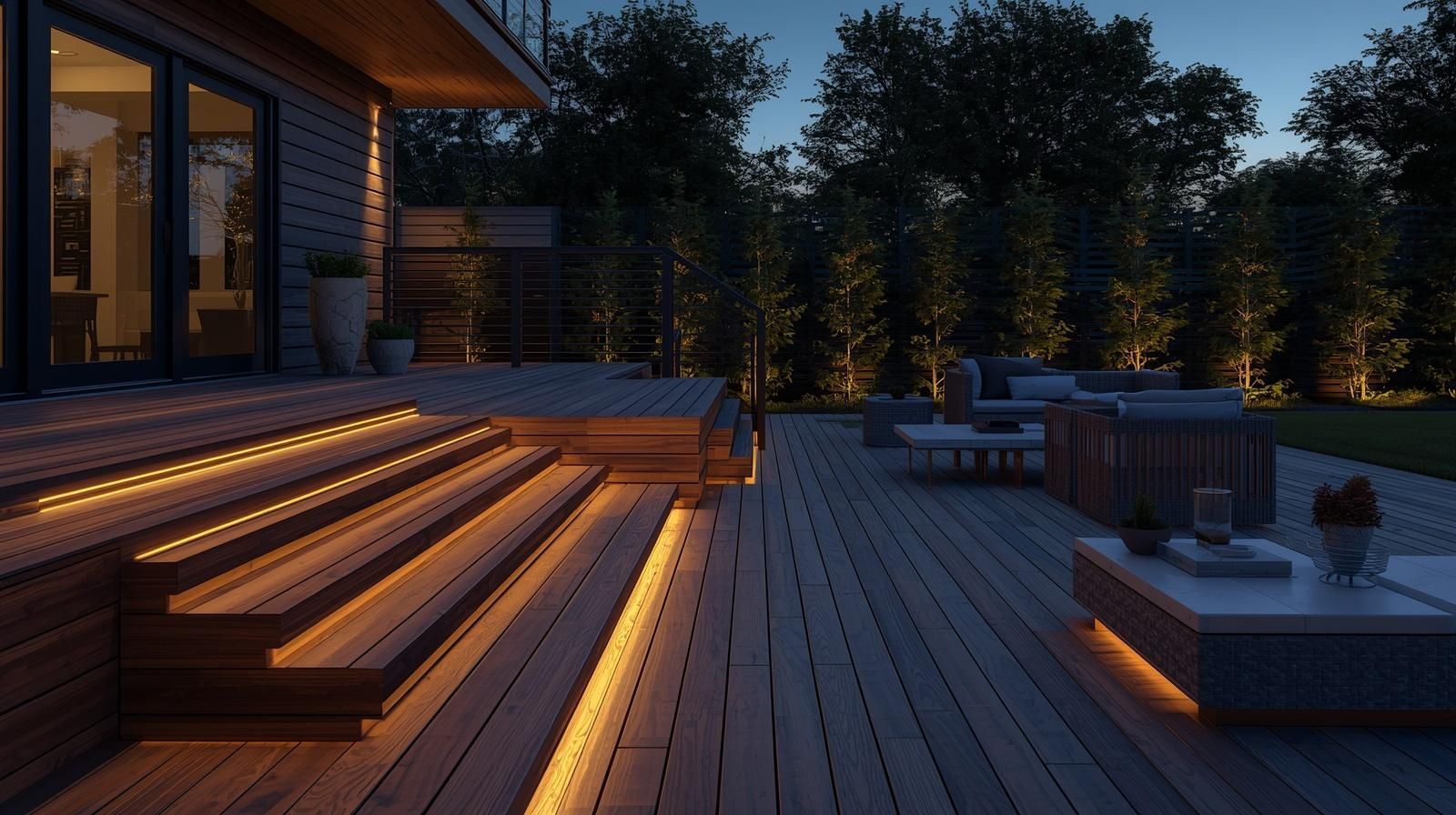 Wooden deck with illuminated steps and seating area at dusk.