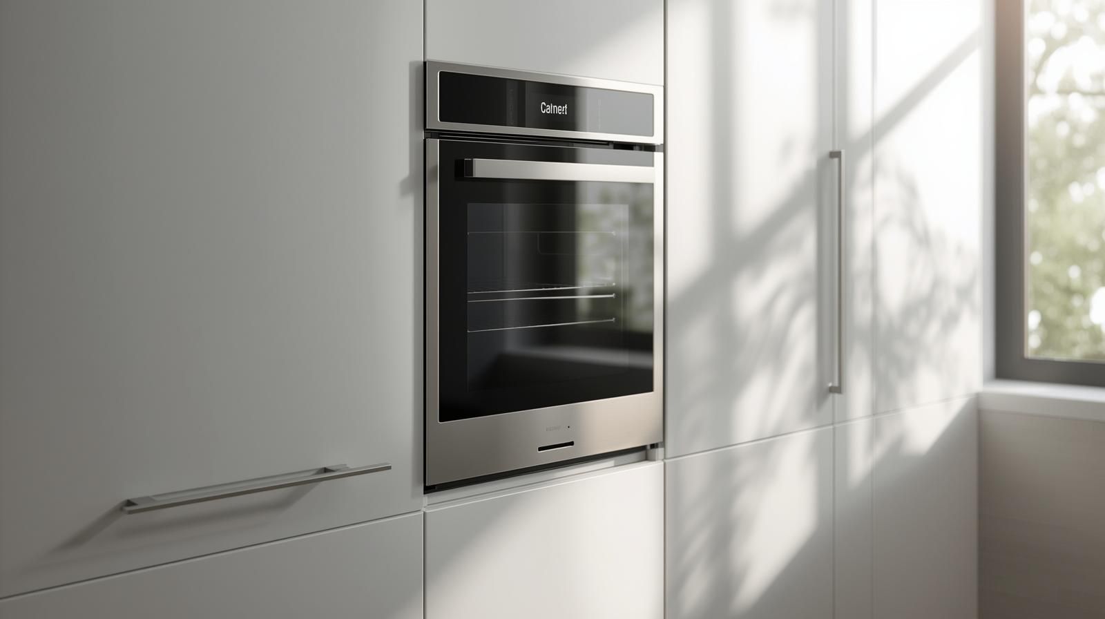 Built-in stainless steel oven in a white kitchen cabinet. Sunlight streams through a nearby window.