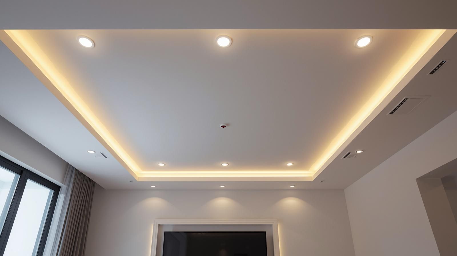 White ceiling with recessed lighting and a lower square section with warm, indirect lighting.