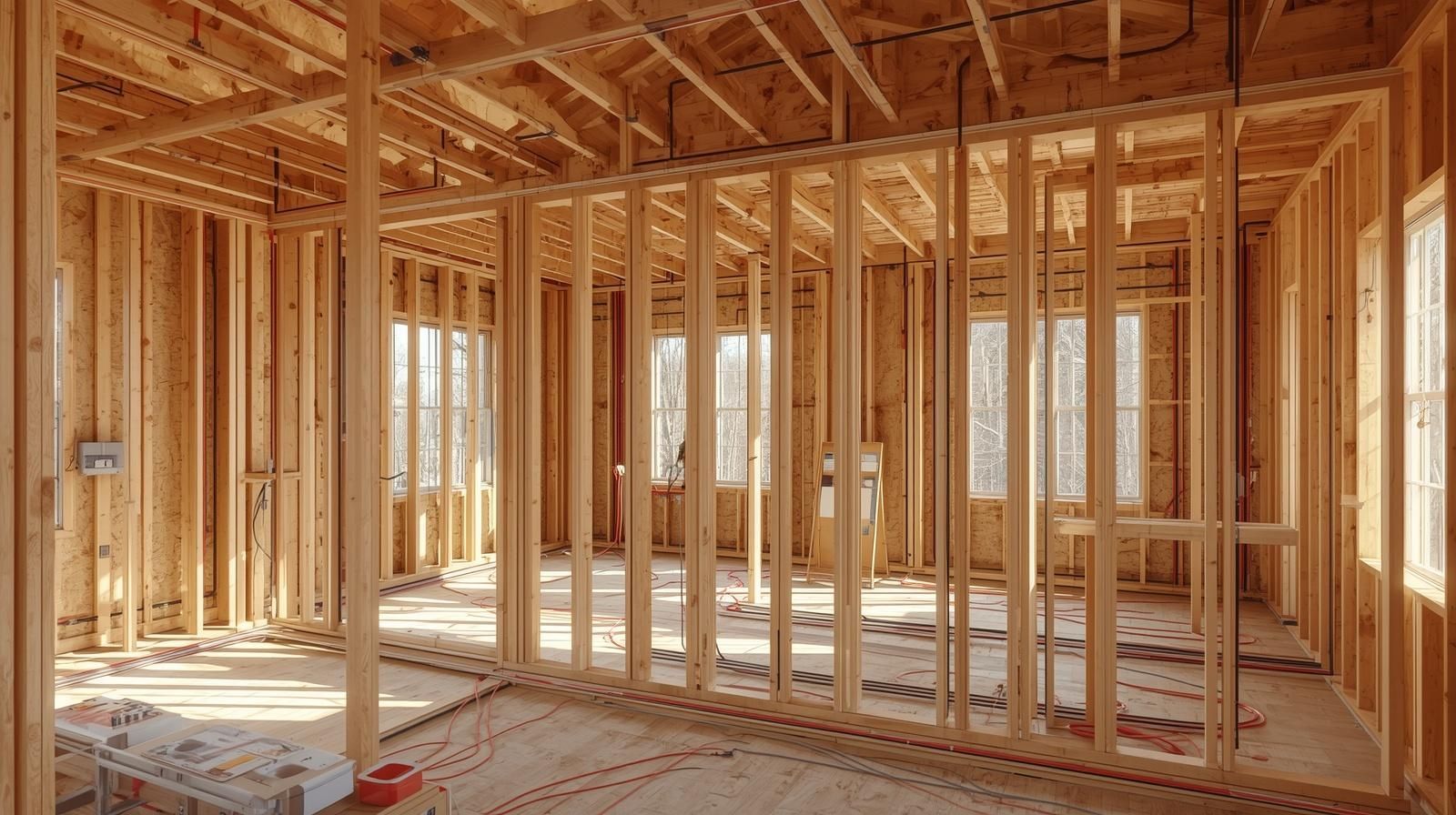 Interior of a house under construction with wooden framing for walls, windows, and ceiling.