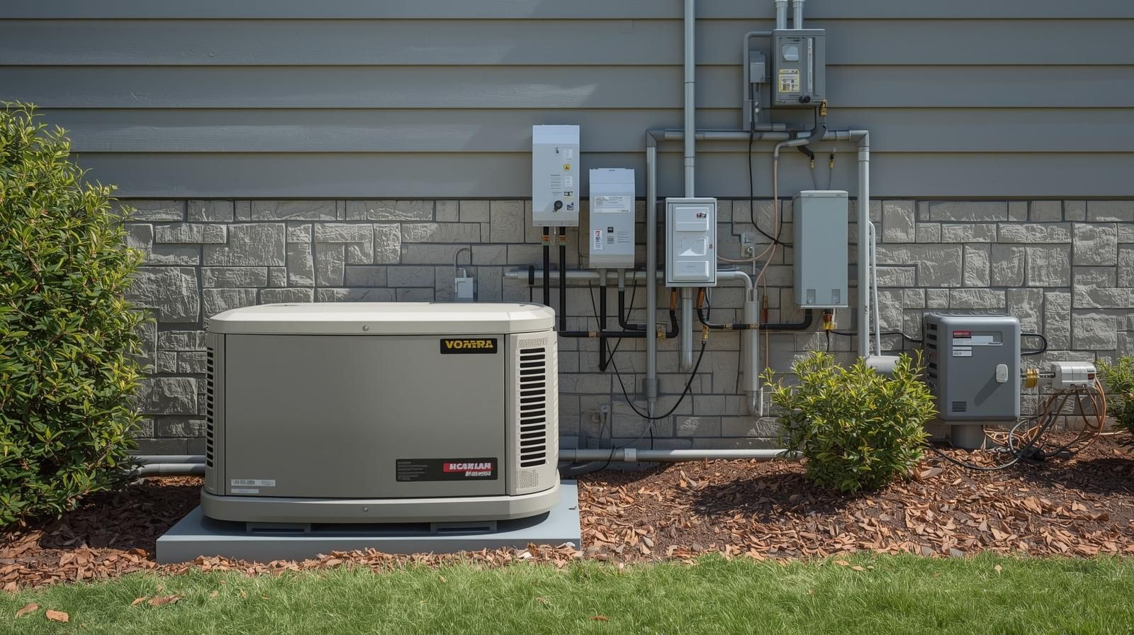 A standby generator on a concrete pad next to a house with electrical components.
