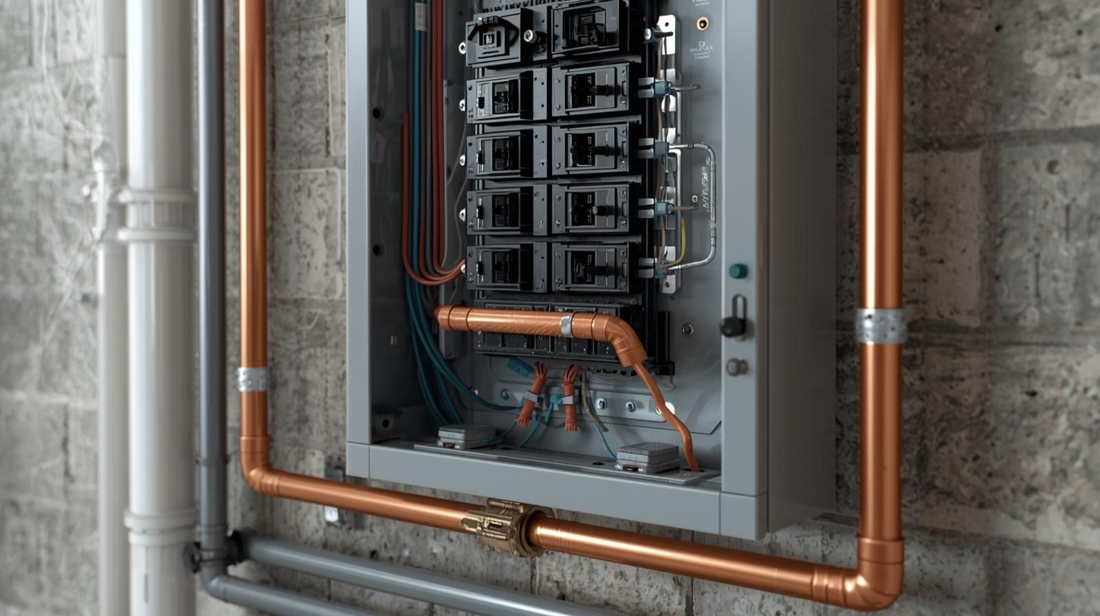Electrical panel with copper conduit on a brick wall.