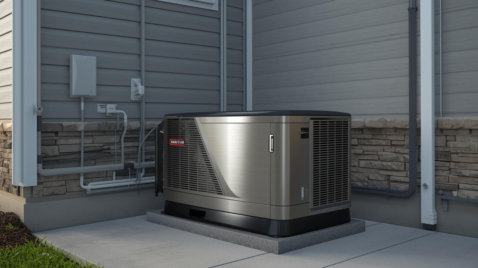 Generator unit outside a house, dark metal, against siding. Electrical conduit and box nearby.