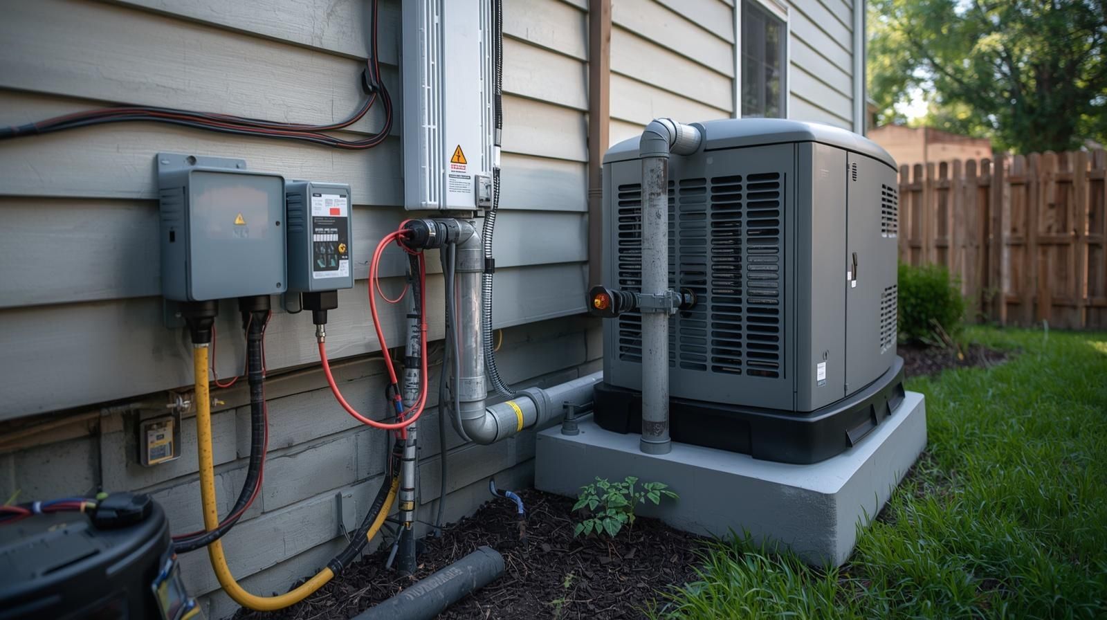 Exterior view of house with HVAC system and electrical components.