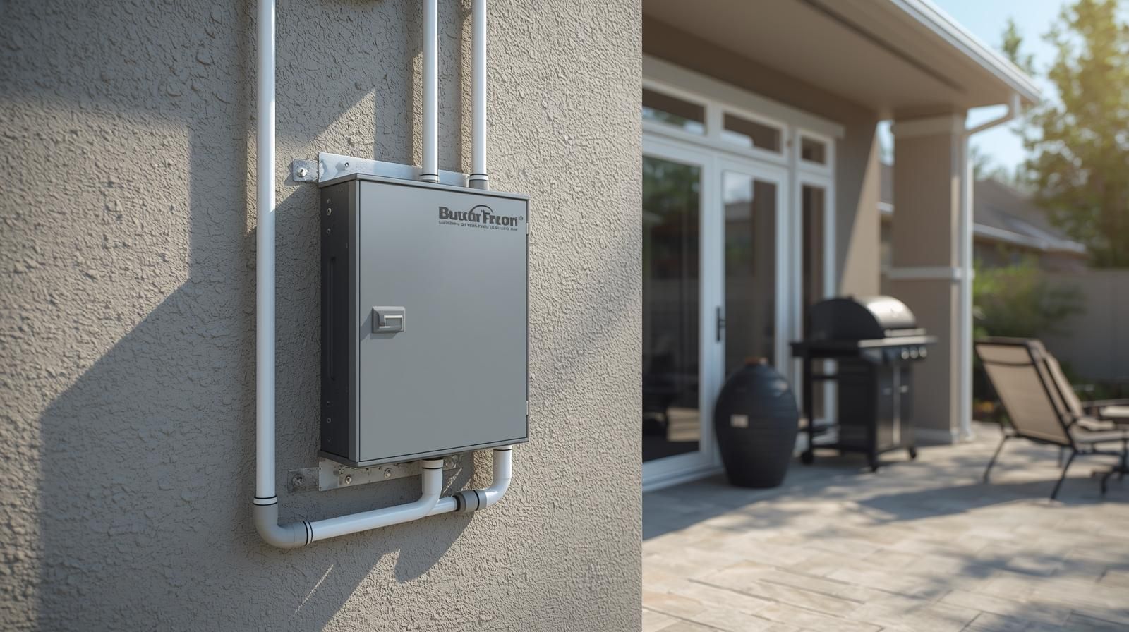 Gray box on stucco wall with white pipes, patio in background.