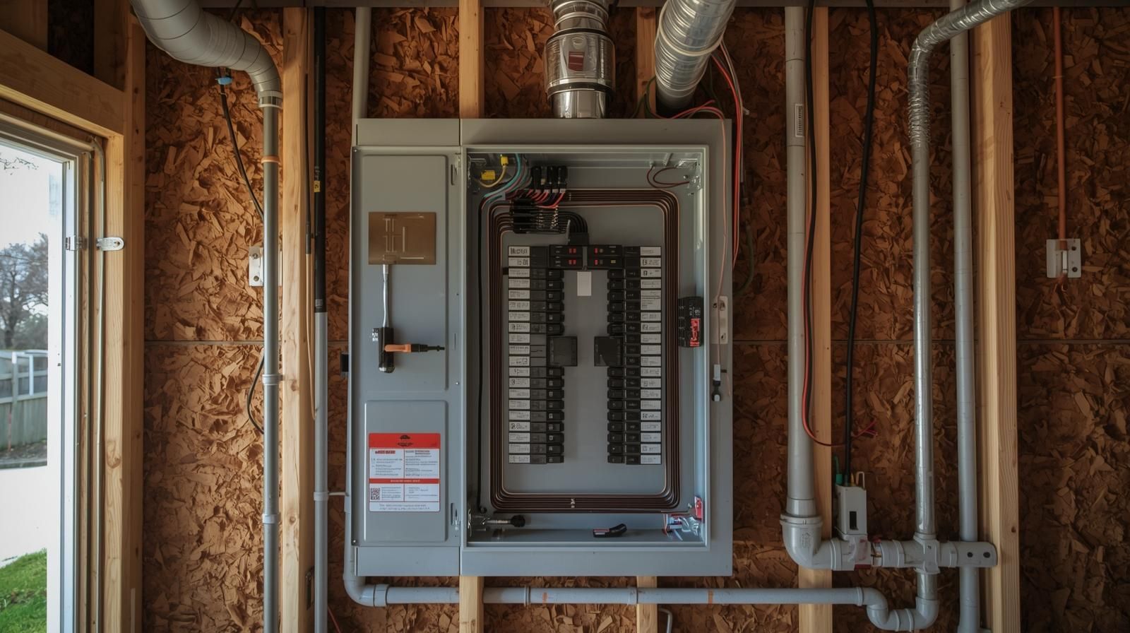 Electrical panel installed on a wooden wall, with conduit and vent pipes.