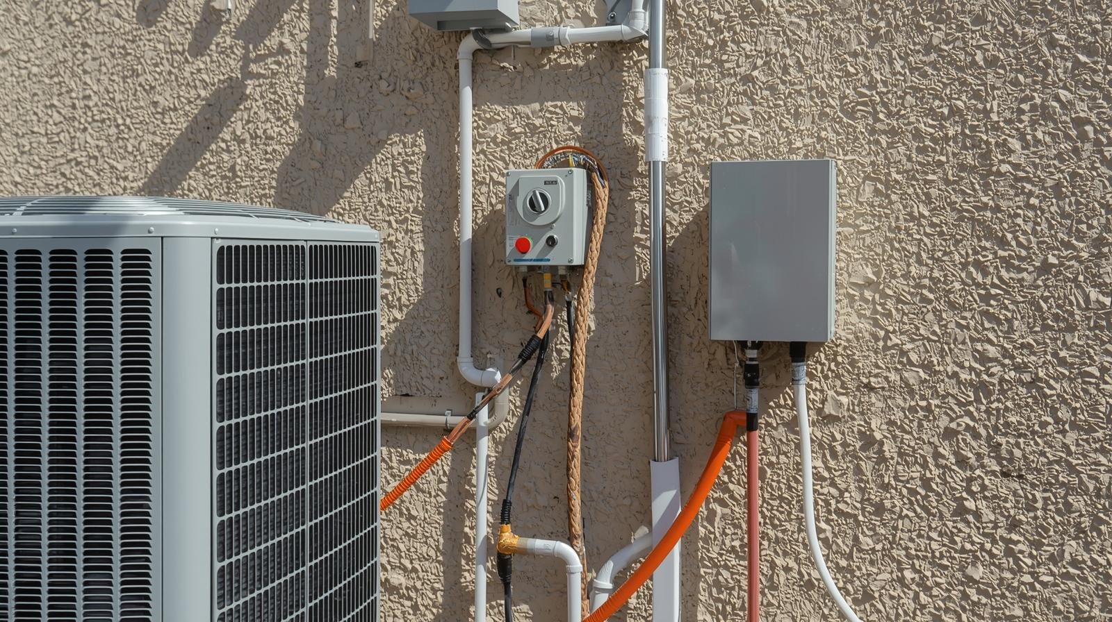 Air conditioning unit next to electrical box and piping on stucco wall.