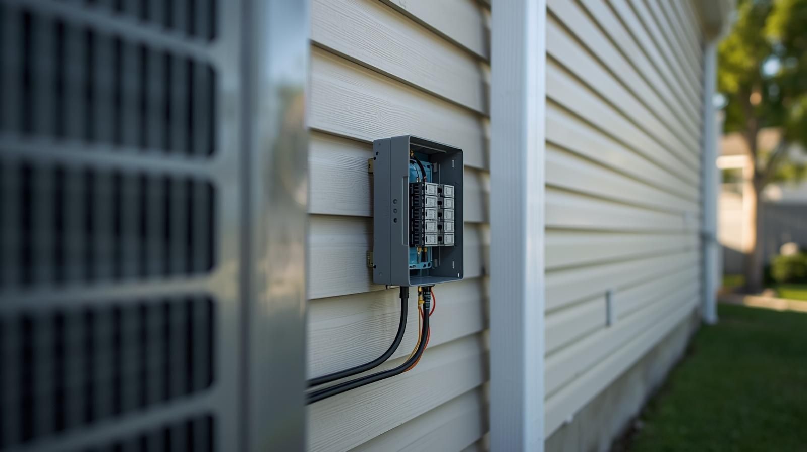 Electrical panel on the side of a house next to an air conditioning unit.