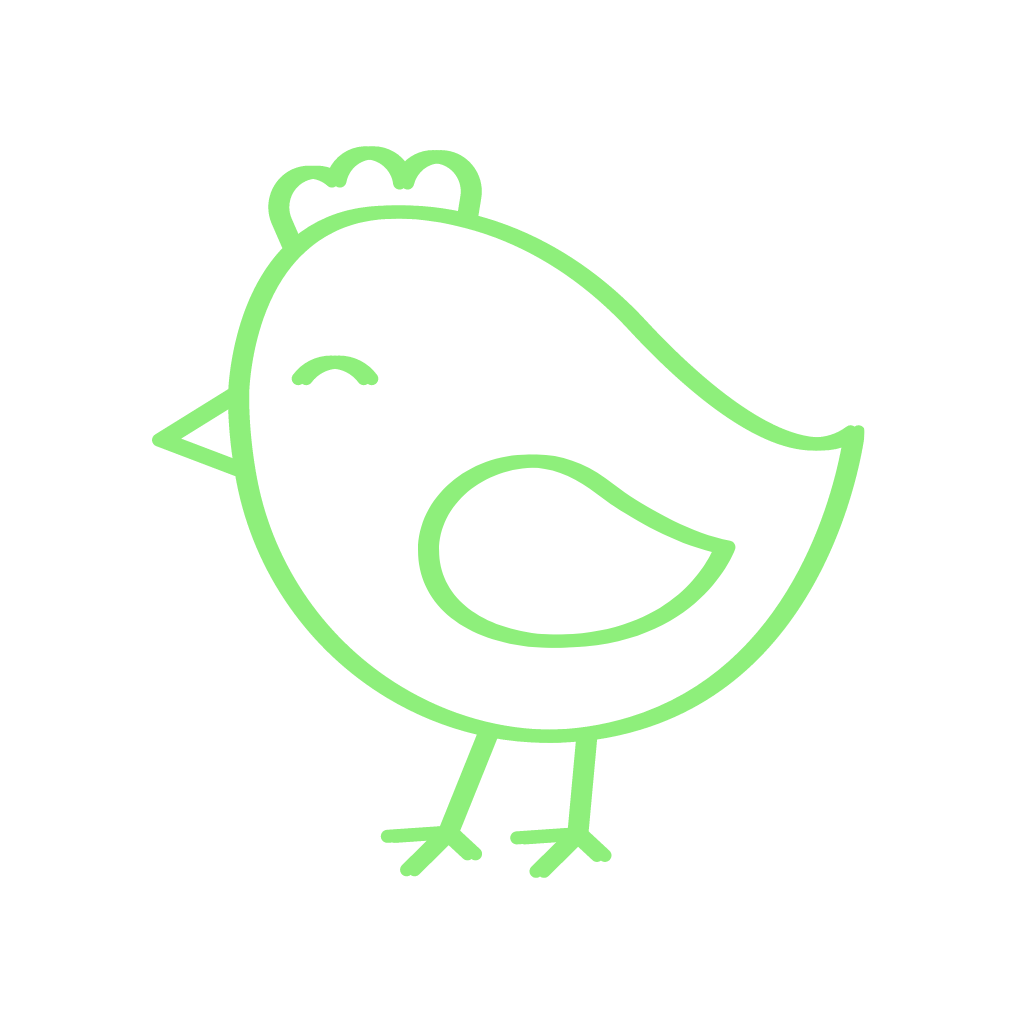 A green line drawing of a chicken on a white background.