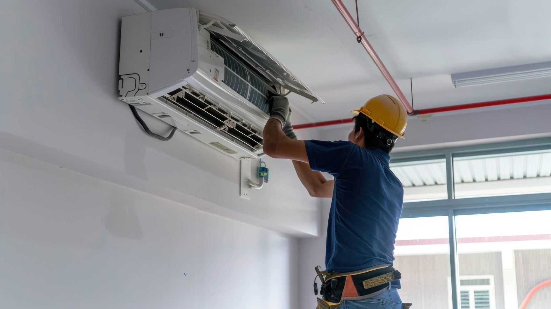 A technician in a hard hat and tool belt performs a professional AC installation in a large room.