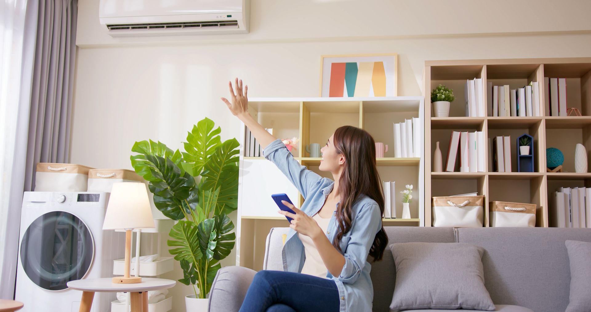 Woman testing her AC unite. Woman testing her AC unite.