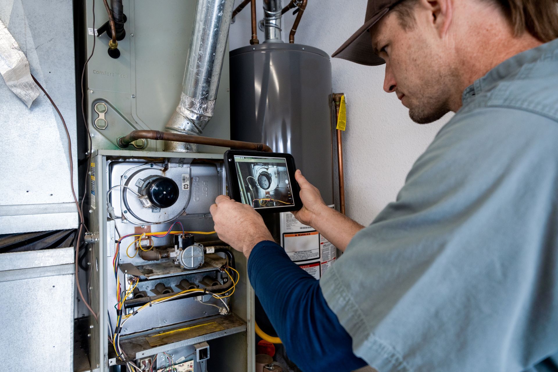 Image of a technician using a tablet to inspect and document a furnace system.