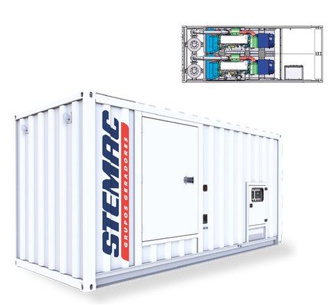 Sistema de geração de energia composto de 2 (dois) grupos geradores à diesel de 500kVA a 700kVA cada, podendo ser usado como uma usina de 1000kVA a 1400kVA,