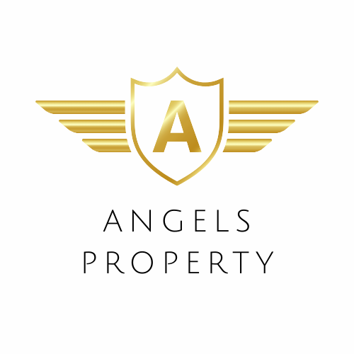 The logo for angels property is a shield with wings and the letter a on it.