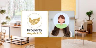 A woman is sitting in a living room next to a sign that says property angels life.