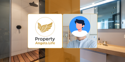 A man is standing in a bathroom next to a sign that says property angels life.