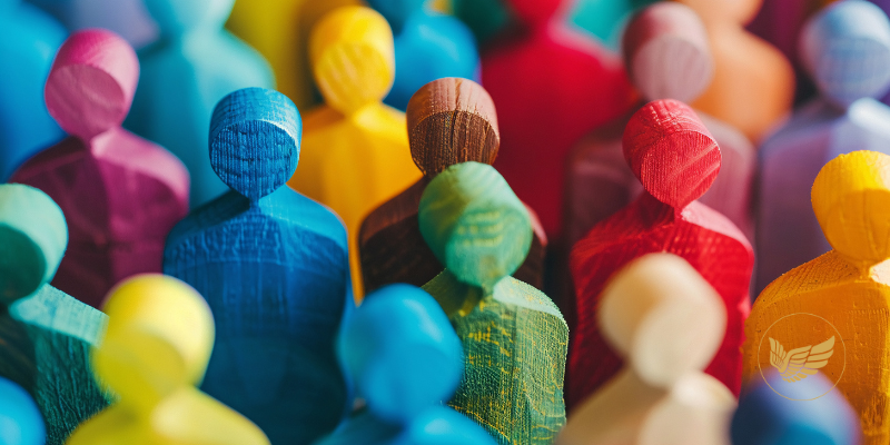 A group of colorful wooden people are standing next to each other.