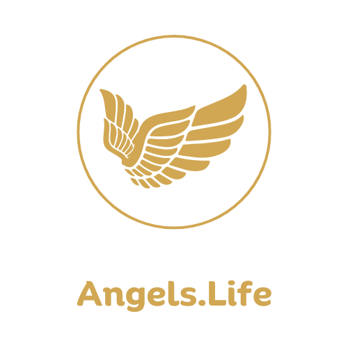 A logo for angels life with a bird 's wing in a circle.