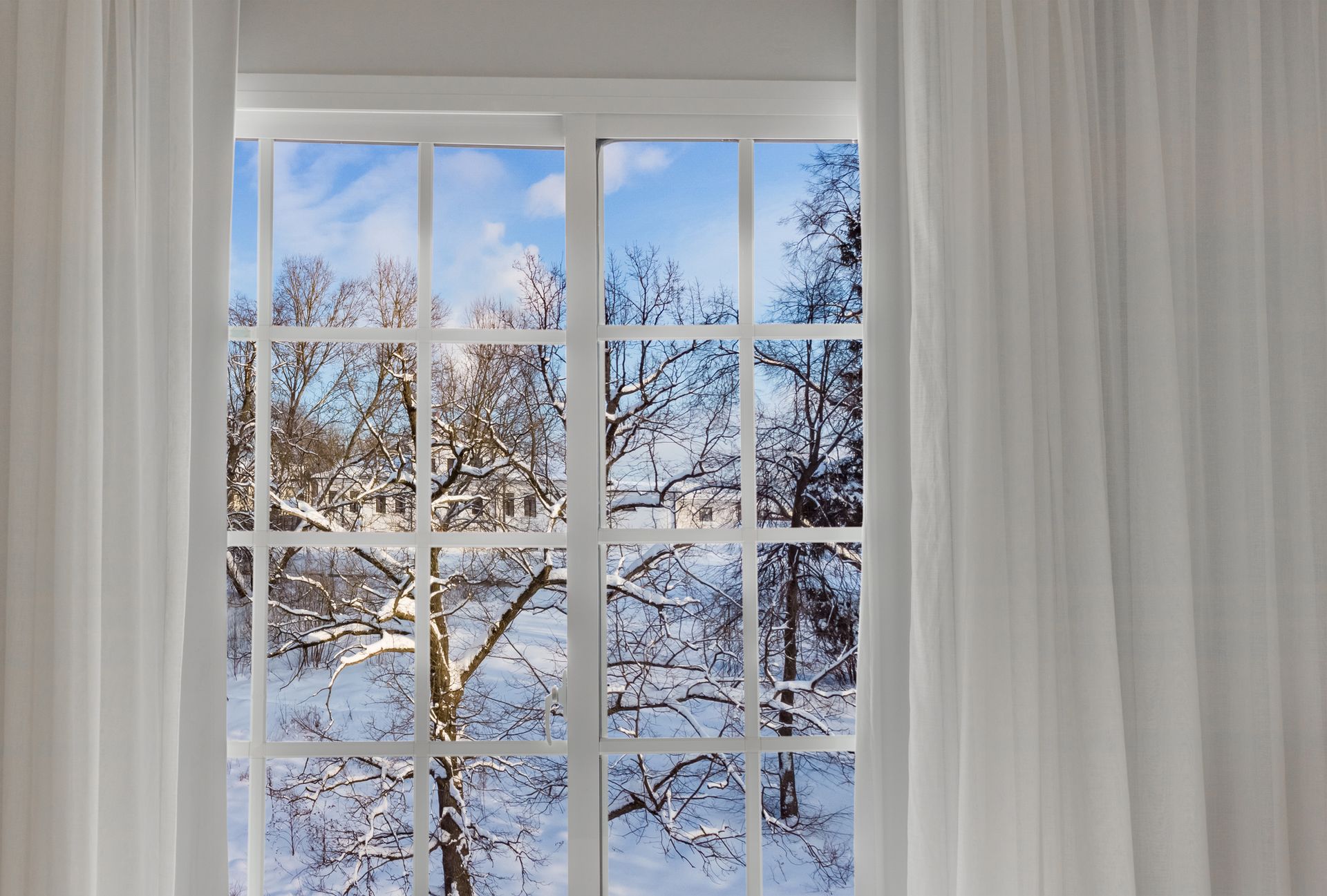 Window with white frame and curtains, looking out onto a snowy winter scene with bare trees and blue sky.