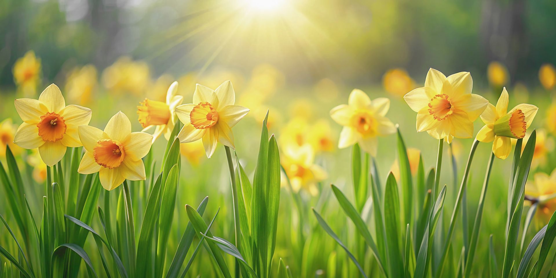 Yellow daffodils in a field, with bright sunlight shining through, green grass.