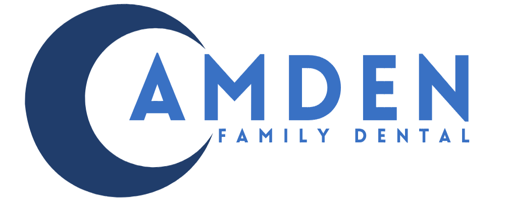 The logo for camden family dental is blue and white.