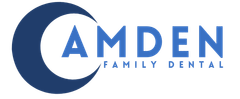 The logo for camden family dental is blue and white.