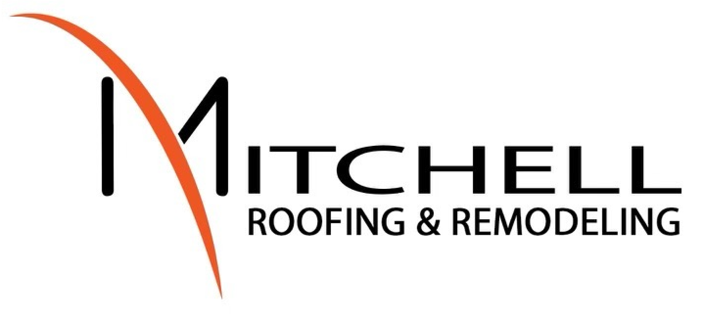 Mitchell Roofing & Remodeling logo with orange arc and black text.
