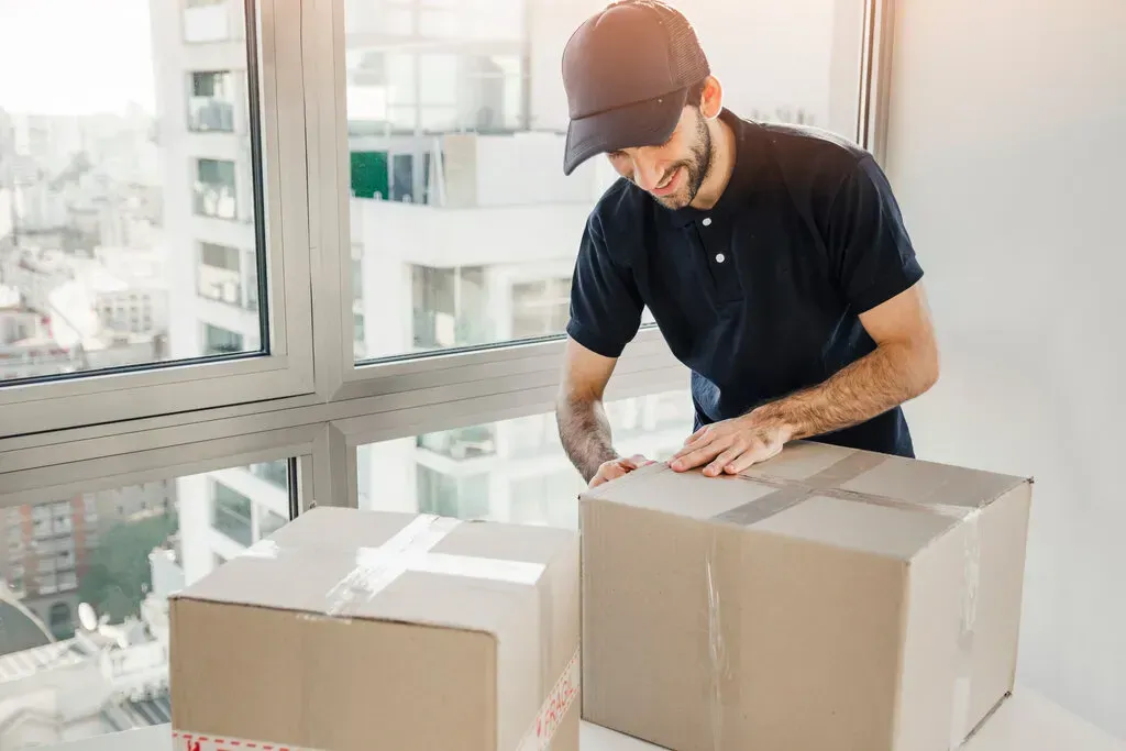 Two professional movers carrying packed boxes into a home, offering flexible moving solutions.
