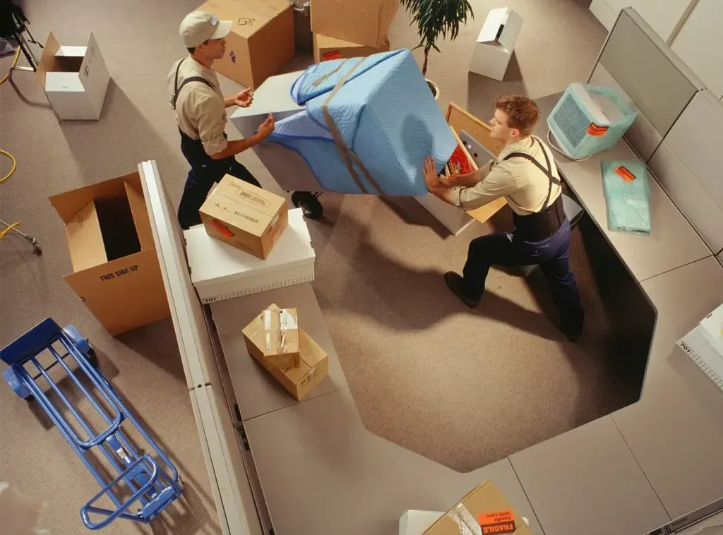 Two movers loading a truck with secured and labeled boxes for a well-organized move.
