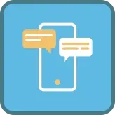 A cell phone with two speech bubbles on it on a blue background.