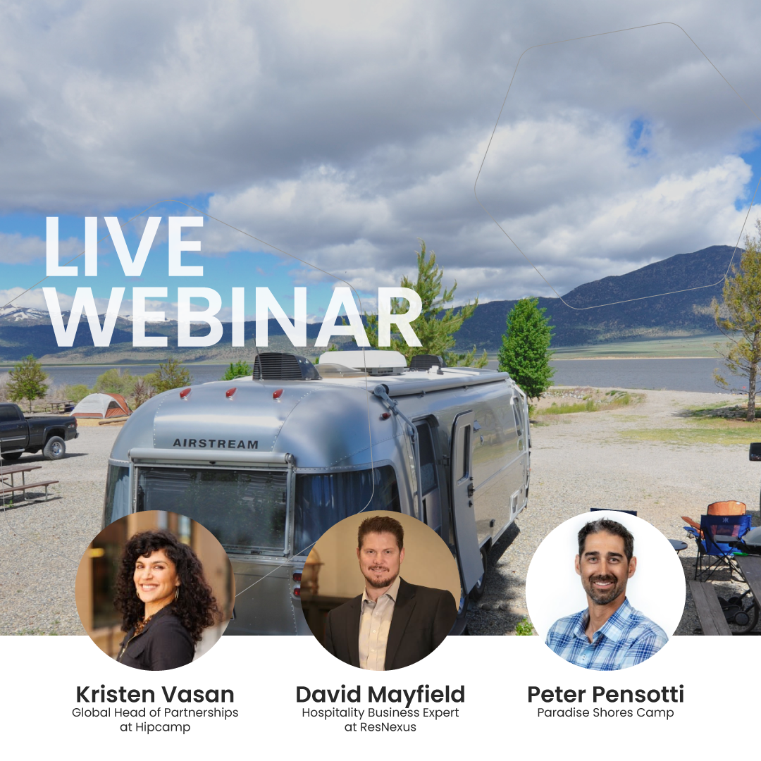 Live webinar featuring Kristen Vasan, David Mayfield, & Peter Pensotti in front of an Airstream trailer at a campsite.