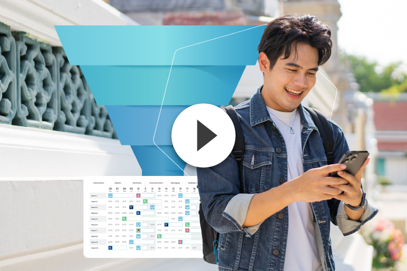 Man using phone with funnel and calendar graphic superimposed.