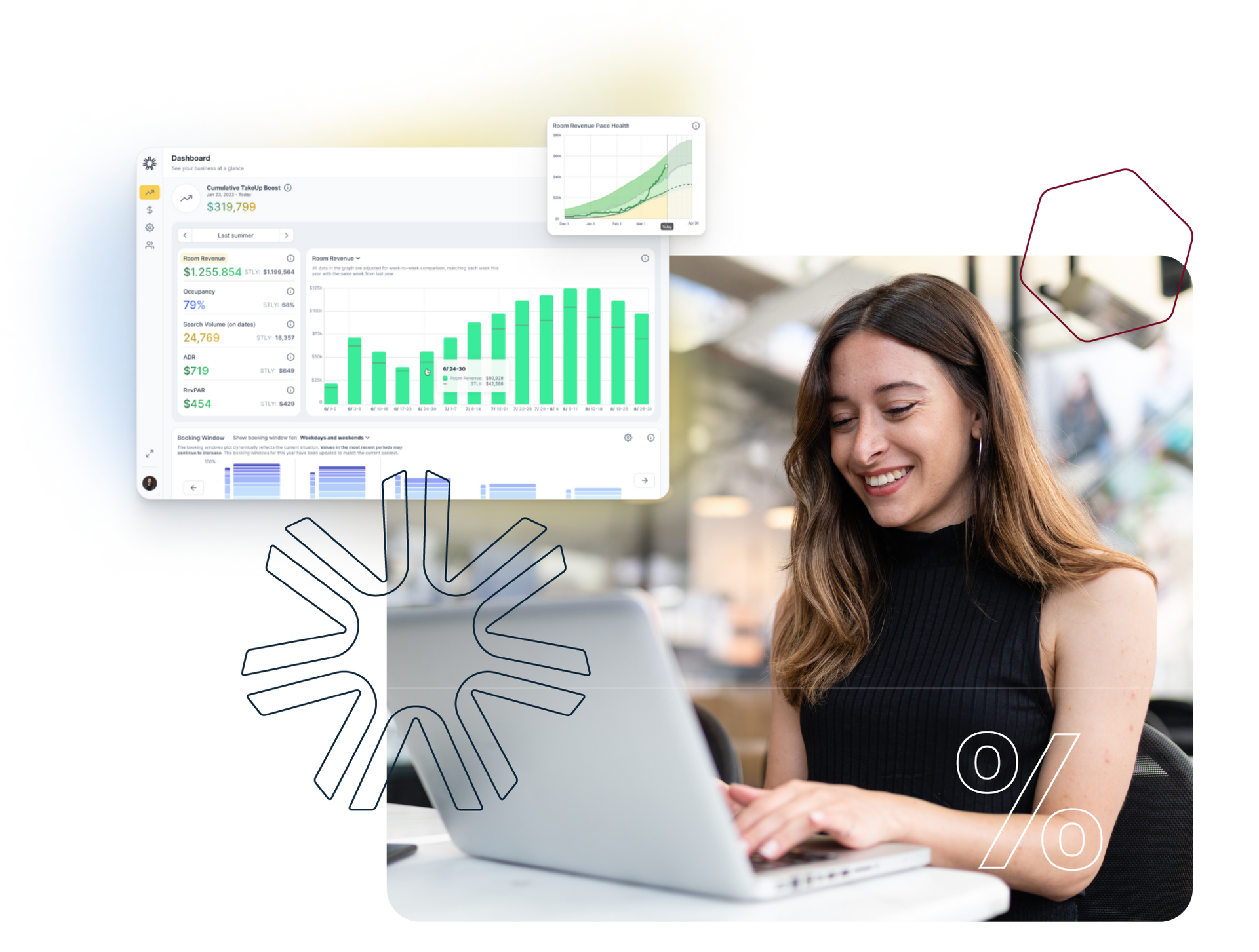 Woman smiling while using laptop, viewing financial charts.