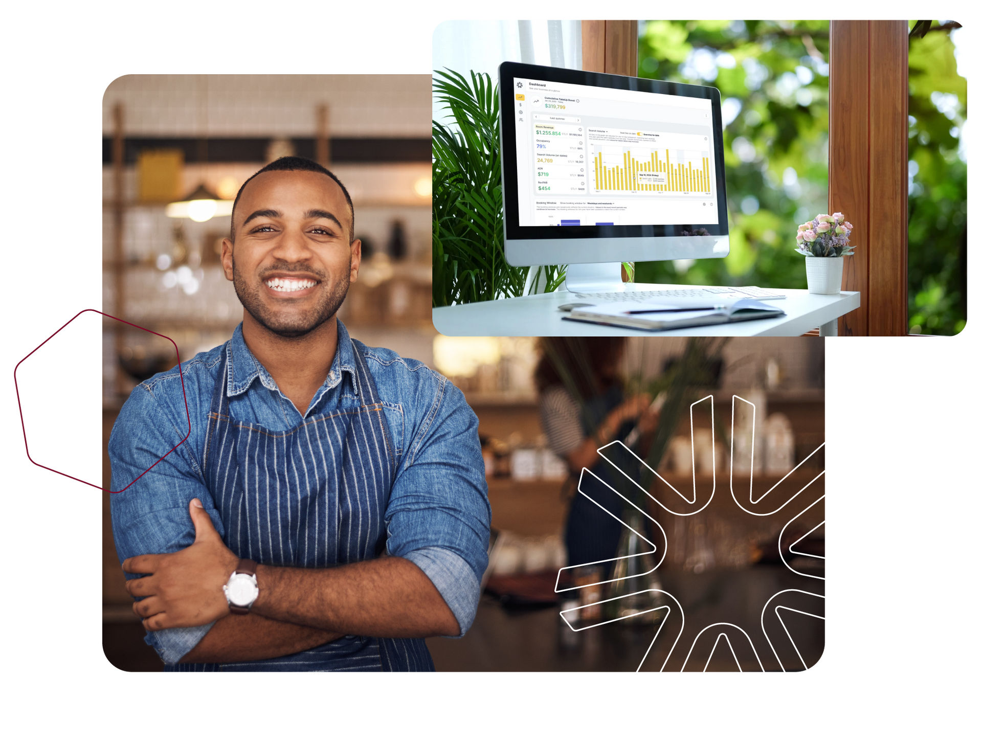 Woman smiling while using laptop, viewing financial charts.