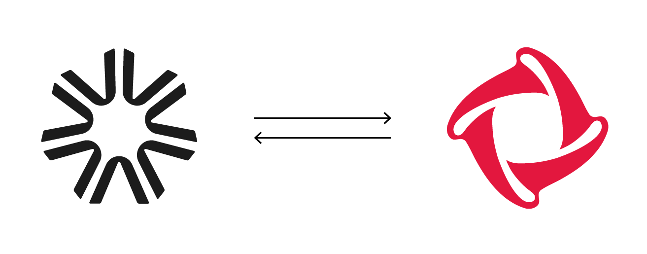 Transformation of a black and white logo into a red one, representing a change.