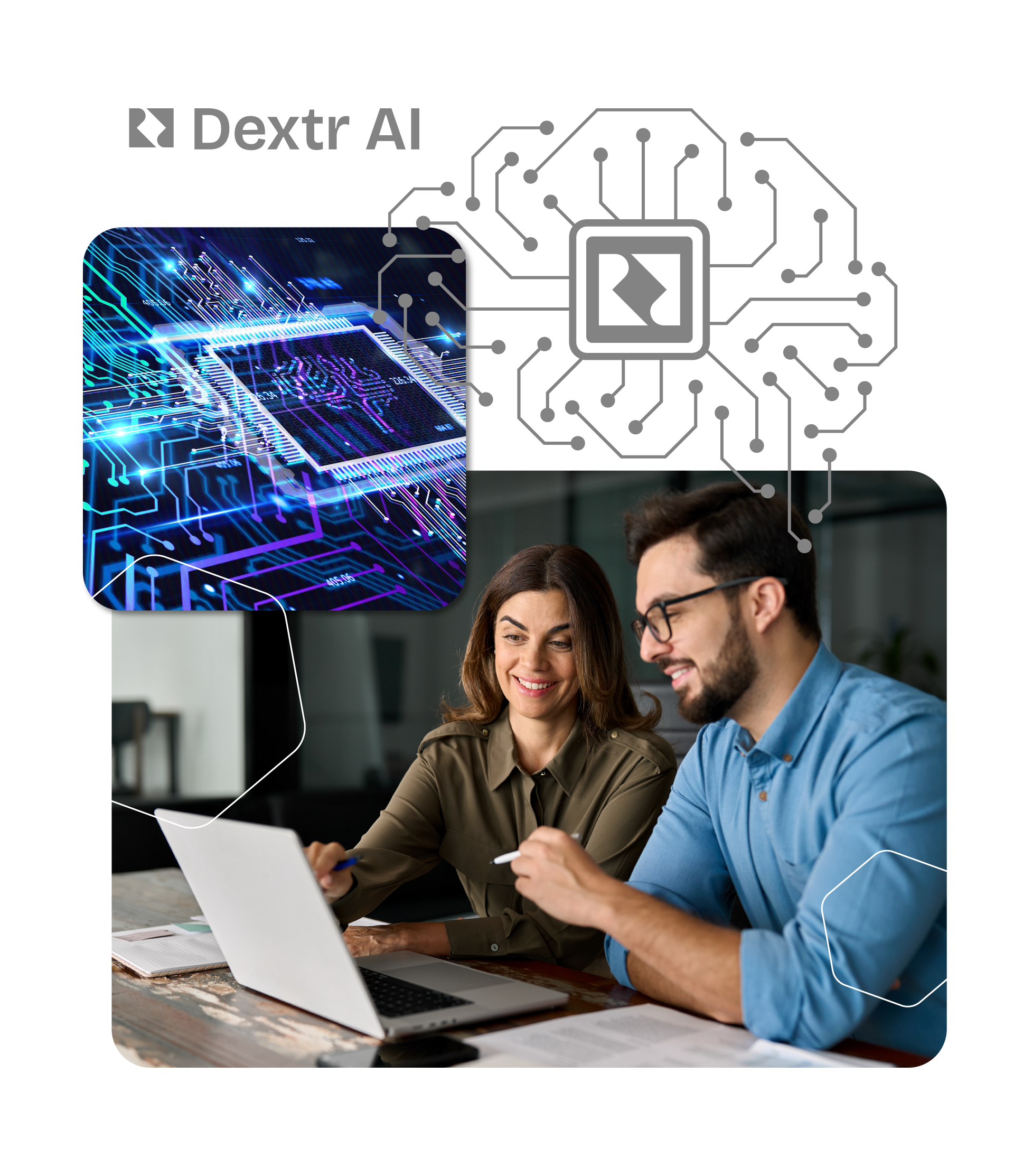 Two people working on a laptop, with an AI circuit illustration and the 